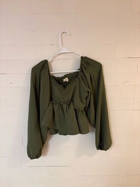 Say Anything Olive Green Smocked Ruffle Peplum Top Size L NWT